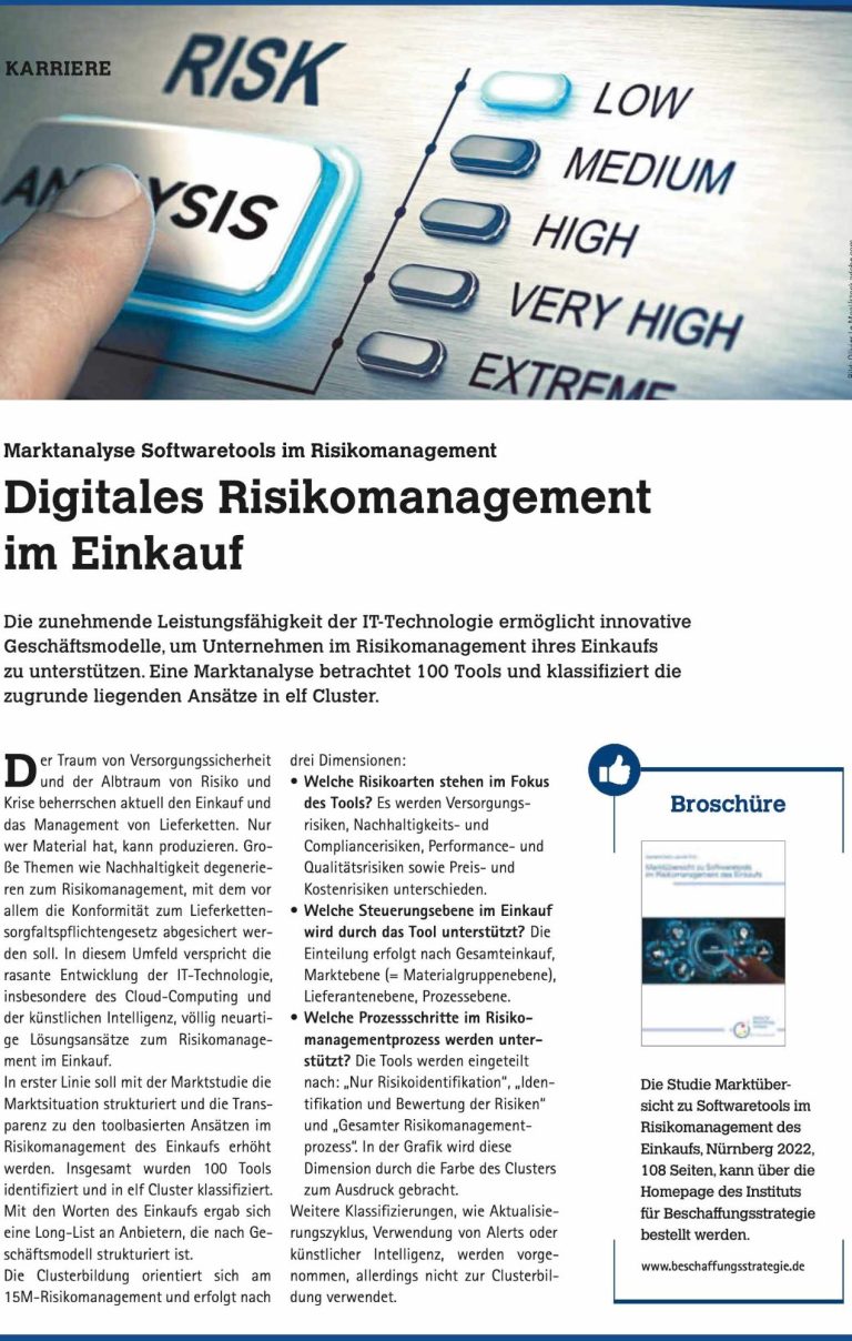Artikel, Beschaffung aktuell, "Digitales Risikomanagement im Einkauf", Ausgabe 2022/11-12, Prof. Dr. Gerhard Heß, Jannik Fritz Abbildung Artikel, Beschaffung aktuell, "Digitales Risikomanagement im Einkauf", Ausgabe 2022/11-12, Prof. Dr. Gerhard Heß, Jannik Fritz